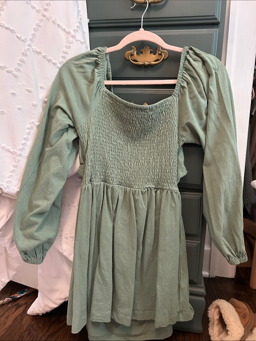 Smocked Square-Neck Mini Dress in Sage Green